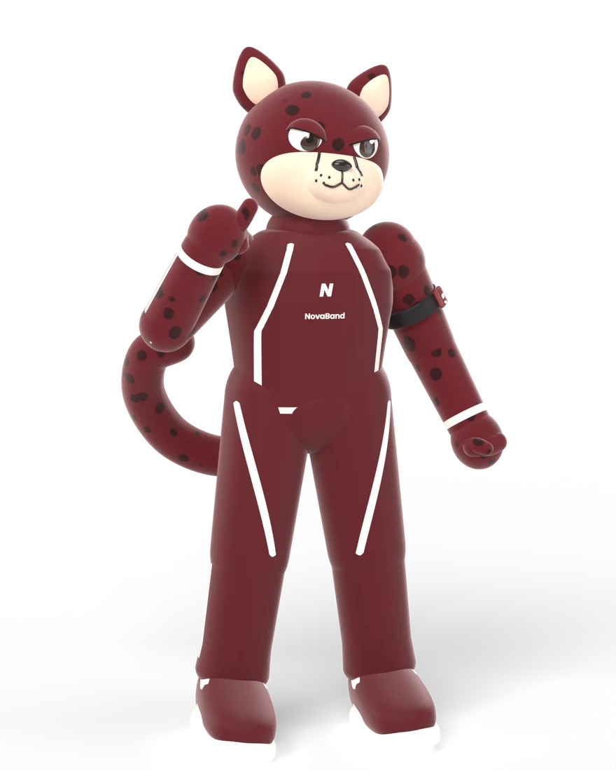 Nova, maskot cheetah Nova-Band berbaju lari merah marun, mengacungkan jempol